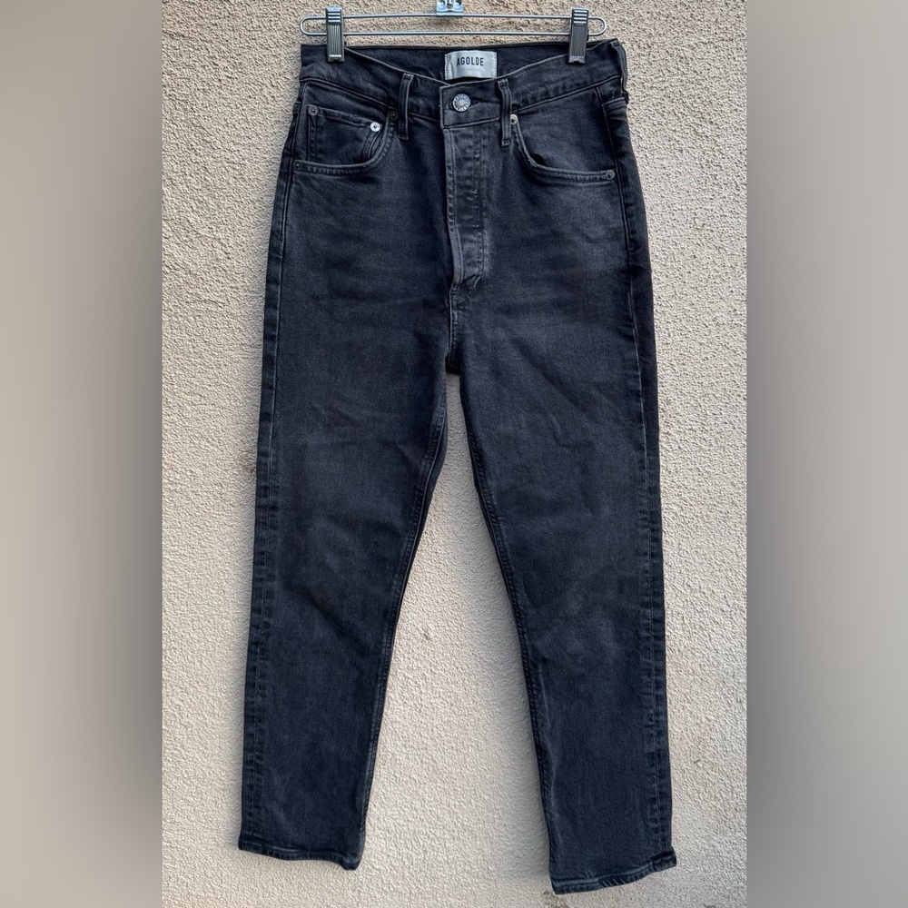 AGOLDE Jeans Black Denim Riley High Rise Straight Crop Button Fly Size 25